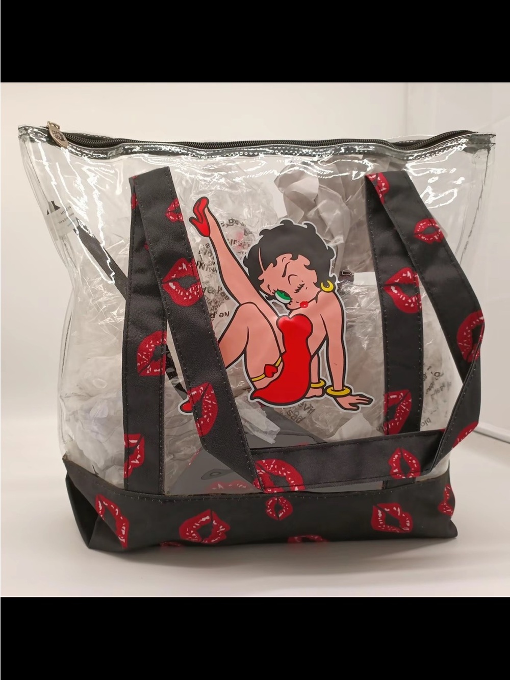 Betty Boop Clear Tote with Red Kiss Accents and Black Trim